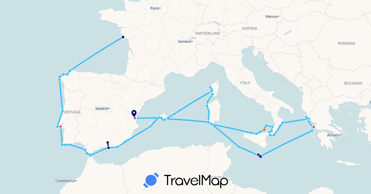 TravelMap itinerary: driving, cycling, hiking, boat in Spain, France, Gibraltar, Greece, Italy, Malta, Portugal (Europe)